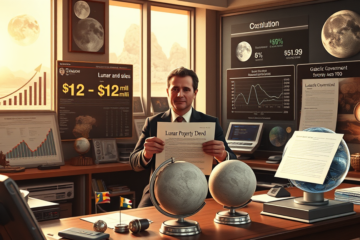 Imagem representativa da venda de terrenos na Lua e do Governo Galáctico, com uma visão artística do espaço.