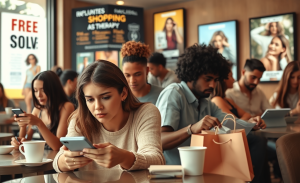 Imagem ilustrativa sobre compras por impulso e endividamento no Brasil, destacando o impacto do comércio online.