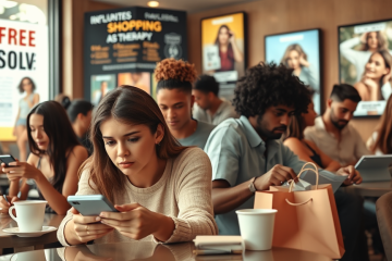 Imagem ilustrativa sobre compras por impulso e endividamento no Brasil, destacando o impacto do comércio online.