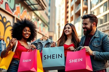 Imagem ilustrativa da SHEIN destacando a escolha semanal de participantes para receber roupas grátis.