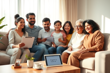 Família brasileira em sala moderna conversa com representante sobre participação no Programa Lar Doce Lar após envio