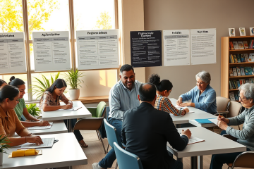 Pessoas diversas preenchendo inscrições para o Programa Lar Doce Lar em centro comunitário moderno e iluminado