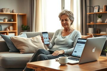 Mulher em sala acolhedora consultando cadastro do Programa Lar Doce Lar em smartphone e laptop com luz natural suave