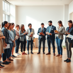 Candidatos esperando entrevista e equipe selecionadora avaliando participantes no processo do programa Lar Doce Lar