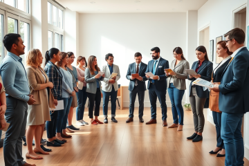 Candidatos esperando entrevista e equipe selecionadora avaliando participantes no processo do programa Lar Doce Lar