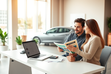 Casal consultando com especialista financeiro em escritório moderno para aumentar chances de financiamento de veículo aprovado