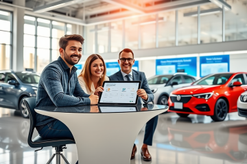 Casal consultando aprovação online rápida para crédito de troca de carro em concessionária moderna e iluminada