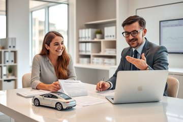 Casal jovem em agência bancária discutindo crédito pré-aprovado para financiar carro com agente financeiro em ambiente moderno e iluminado