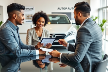 Casal jovem conversando com agente de empréstimos em concessionária moderna para conseguir empréstimo online para entrada no carro