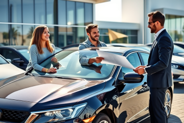 Casal feliz em loja de carros usados avaliando contrato com vendedor, destacando financiamento de carro usado com juros baixos e melhores condições