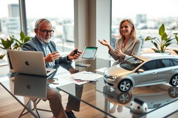 Cliente em agência bancária consultando refinanciamento de automóvel para dinheiro rápido com agente financeira profissional