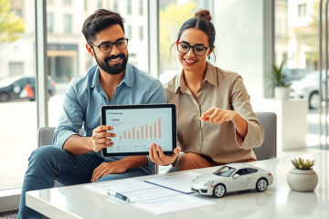 Jovem casal em agência financeira analisando crédito pessoal para carro com tablet, documentos e miniatura de carro na mesa