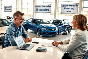 Casal em concessionária de carros seminovos conversando com consultor financeiro para financiamento com menor taxa mensal