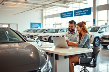 Cliente e vendedor em concessionária moderna discutindo financiamento de veículo flexível com carros novos em destaque e ambiente iluminado