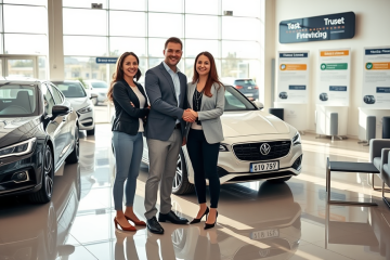 Casal feliz recebendo aprovação facilitada para crédito automotivo dentro de concessionária moderna com vendedor sorridente e carro novo
