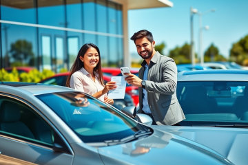 Casal feliz com crédito automotivo urgente ao lado de carro novo prateado em concessionária ao ar livre
