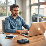 Jovem profissional usando laptop em escritório moderno aprovando financiamento automotivo online rápido com carro novo ao fundo