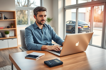 Jovem profissional usando laptop em escritório moderno aprovando financiamento automotivo online rápido com carro novo ao fundo