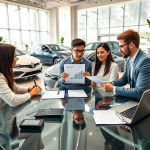 Casal consultando um assessor financeiro em concessionária moderna para financiamento de automóvel com entrada reduzida