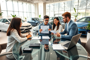 Casal consultando um assessor financeiro em concessionária moderna para financiamento de automóvel com entrada reduzida