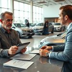 Cliente discutindo opções de financiamento automotivo para baixa pontuação de crédito com consultor em concessionária moderna e iluminada