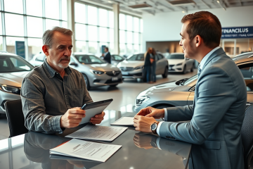 Cliente discutindo opções de financiamento automotivo para baixa pontuação de crédito com consultor em concessionária moderna e iluminada