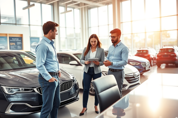 Casal jovem conversando com consultor financeiro em concessionária moderna para crédito pessoal como entrada no financiamento de carro