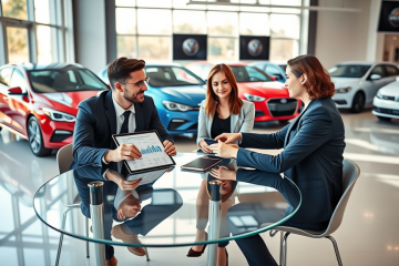 Casal conversando com consultor financeiro em concessionária moderna sobre financiamento de automóvel com pouca entrada para pagar menos