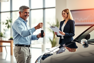 Homem entregando chaves do carro para consultora financeira em escritório moderno, ilustrando refinanciamento de veículo com garantia