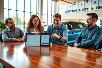 Clientes discutem opções de financiamento automotivo flexível em concessionária moderna com carro azul ao fundo, ambiente iluminado e acolhedor