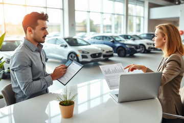 Homem discutindo financiamento urgente de carro com assessora financeira em ambiente moderno de concessionária