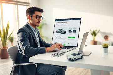 Homem jovem em escritório moderno usando laptop para financiamento automotivo online com pré-aprovação rápida e prática