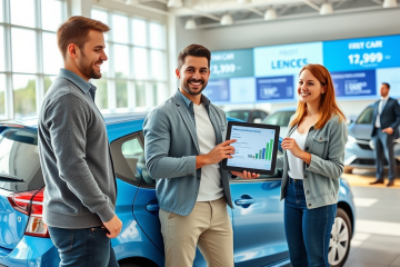 Casal jovem no financiamento de primeiro carro com parcelas controladas em concessionária moderna e iluminada