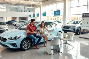 Casal negociando financiamento de veículo seminovo com taxa reduzida em concessionária moderna e iluminada por luz natural