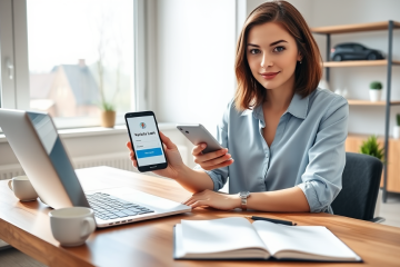 Mulher em escritório moderno recebendo aprovação de empréstimo para veículo online no smartphone, mostrando processo digital fácil e eficiente