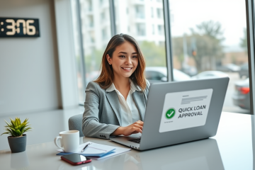 Mulher jovem usando laptop em escritório moderno fazendo crédito online para carro com resposta rápida e contratação prática