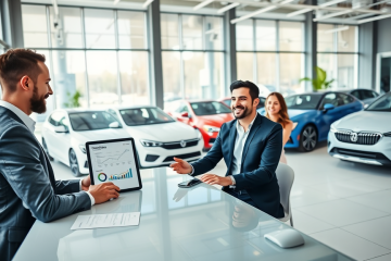 Casal em concessionária moderna discutindo financiamento de automóvel com consultor, mostrando prazo flexível e juros competitivos