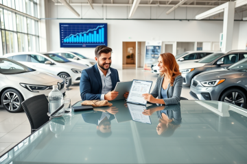 Casal feliz consultando financiamento de carro com juros baixos em concessionária moderna e iluminada