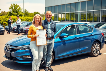 Casal sorridente ao lado de carro usado azul em concessionária com financiamiento acessível e boas condições