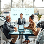 Consultor financeiro em concessionária moderna orientando casal jovem sobre crédito automotivo para baixa pontuação com aprovação fácil