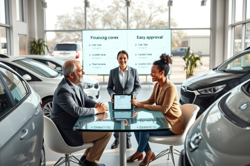 Consultor financeiro em concessionária moderna orientando casal jovem sobre crédito automotivo para baixa pontuação com aprovação fácil