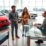 Casal jovem discutindo aprovação de financiamento automotivo com consultor em concessionária moderna e ensolarada