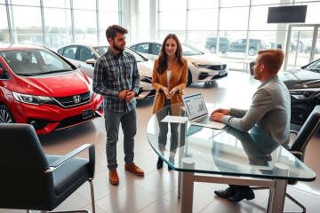 Casal jovem discutindo aprovação de financiamento automotivo com consultor em concessionária moderna e ensolarada