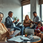 Pessoas reunidas discutindo preocupações financeiras e estratégias para enfrentar dívidas e emergências.