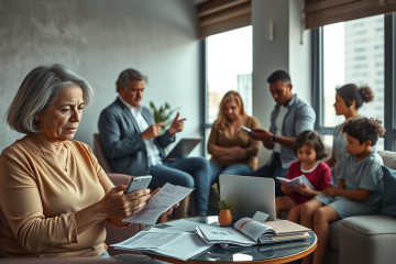 Pessoas reunidas discutindo preocupações financeiras e estratégias para enfrentar dívidas e emergências.