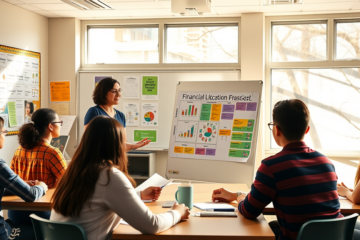 Estudantes aprendendo sobre educação financeira nas escolas.