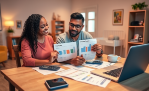 Casais discutindo sobre gerenciamento financeiro familiar e estratégias de orçamento.
