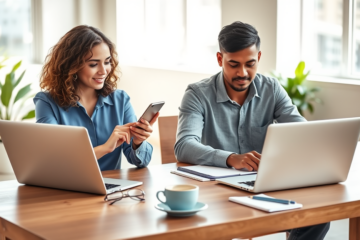 Jovens adultos usando smartphones e laptops para comparar vantagens do Pix na era digital em ambiente moderno e iluminado