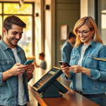 Jovens e proprietária de negócio usando Pix para pagamentos em ambiente de cafeteria moderna com luz natural e atmosfera acolhedora