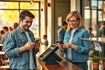 Jovens e proprietária de negócio usando Pix para pagamentos em ambiente de cafeteria moderna com luz natural e atmosfera acolhedora